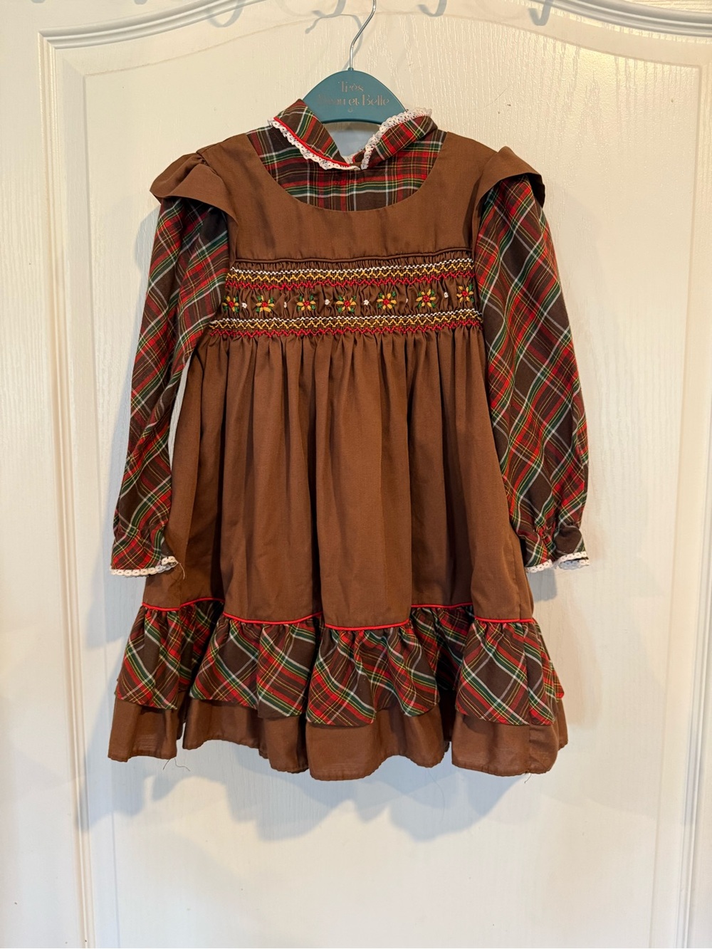 Polly Flinders Vintage Smocked brown Long Sleeve tartan Plaid Dress girls size 4